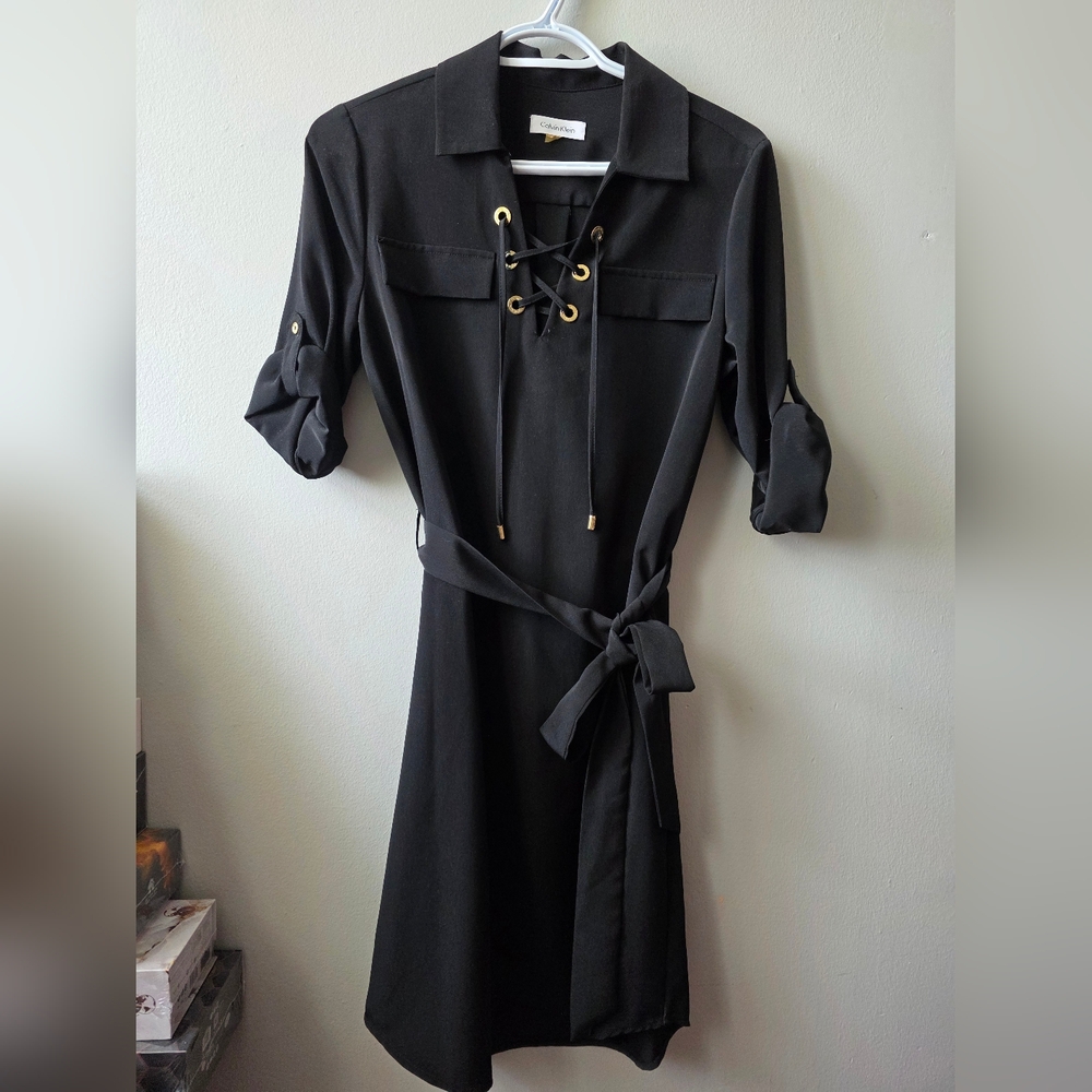 CALVIN KLEIN Black Lace-Up Belted Shirt Dress